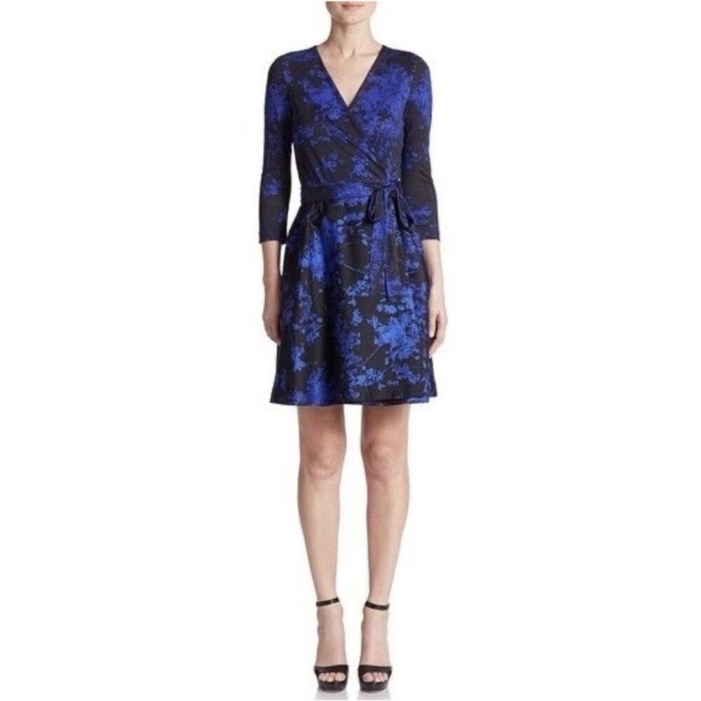 DVF Diane Von Furstenberg Valerie Wrap Dress 6 Small Blue Black Wool Silk Cotton